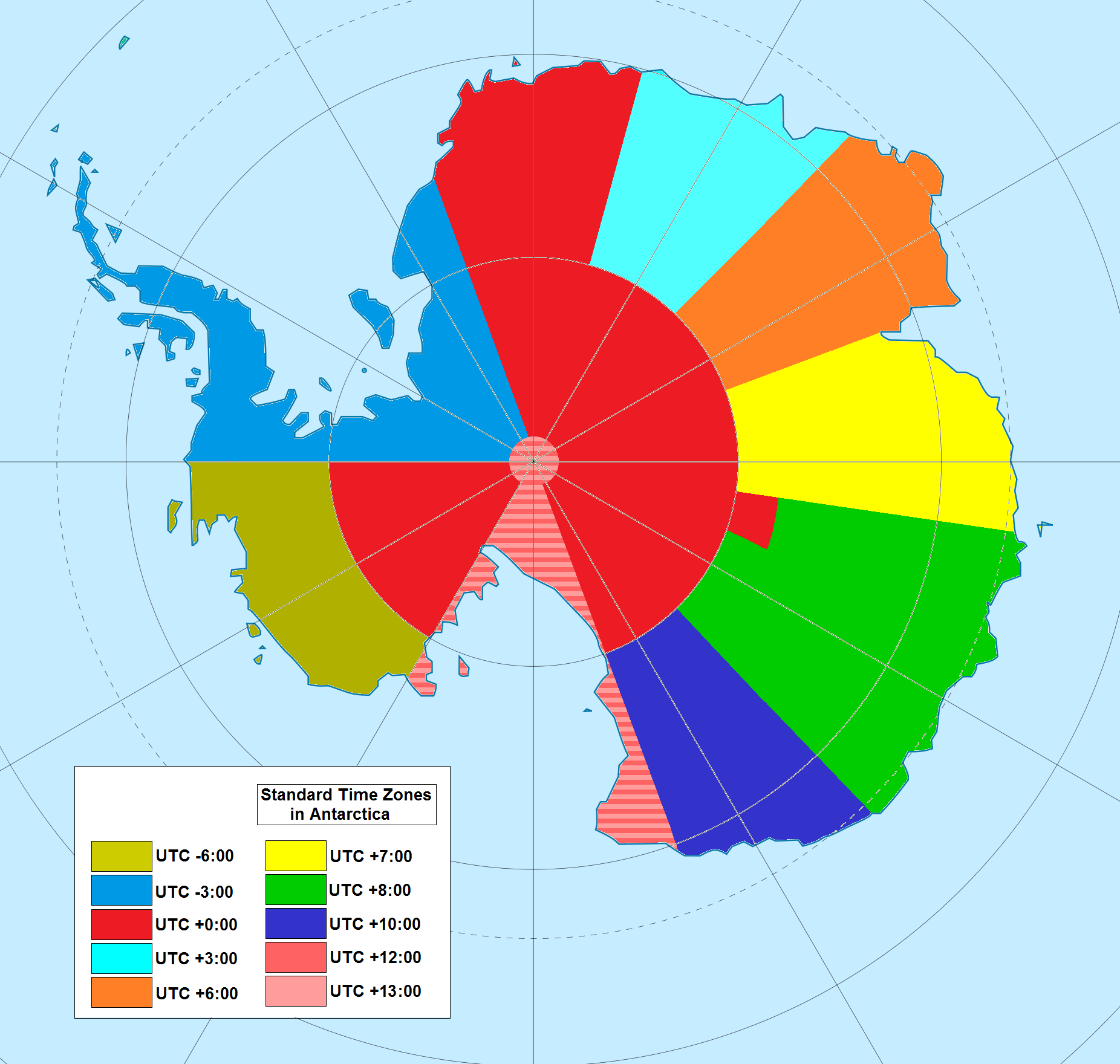 Map of approximate time zones on the continent of Antarctica