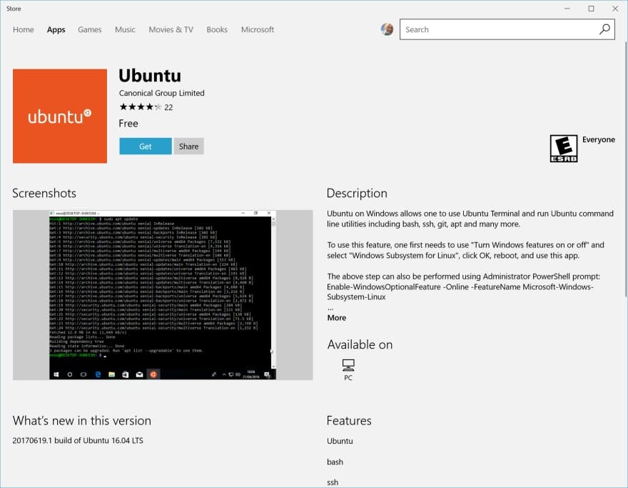 Ubuntu for WSL on Microsoft Store