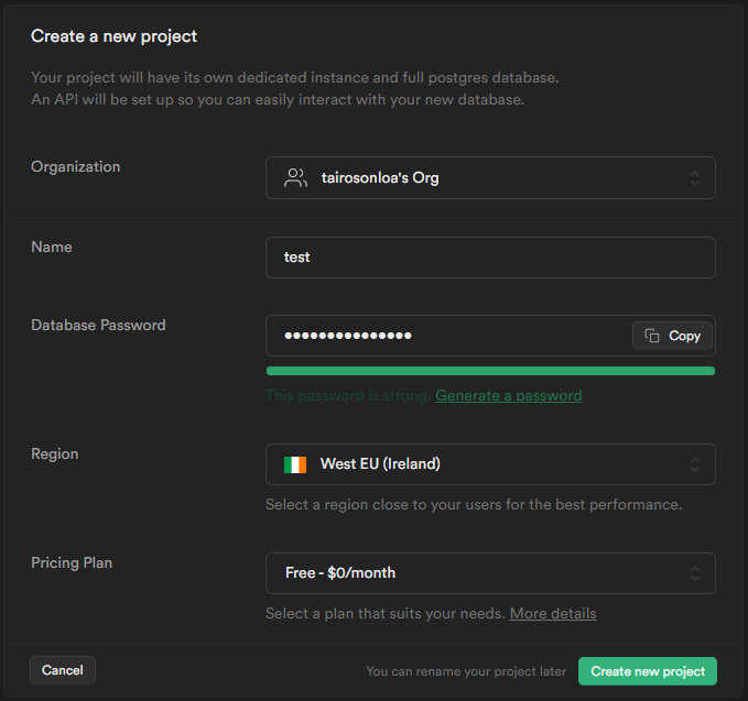 Filling the project settings in Supabase