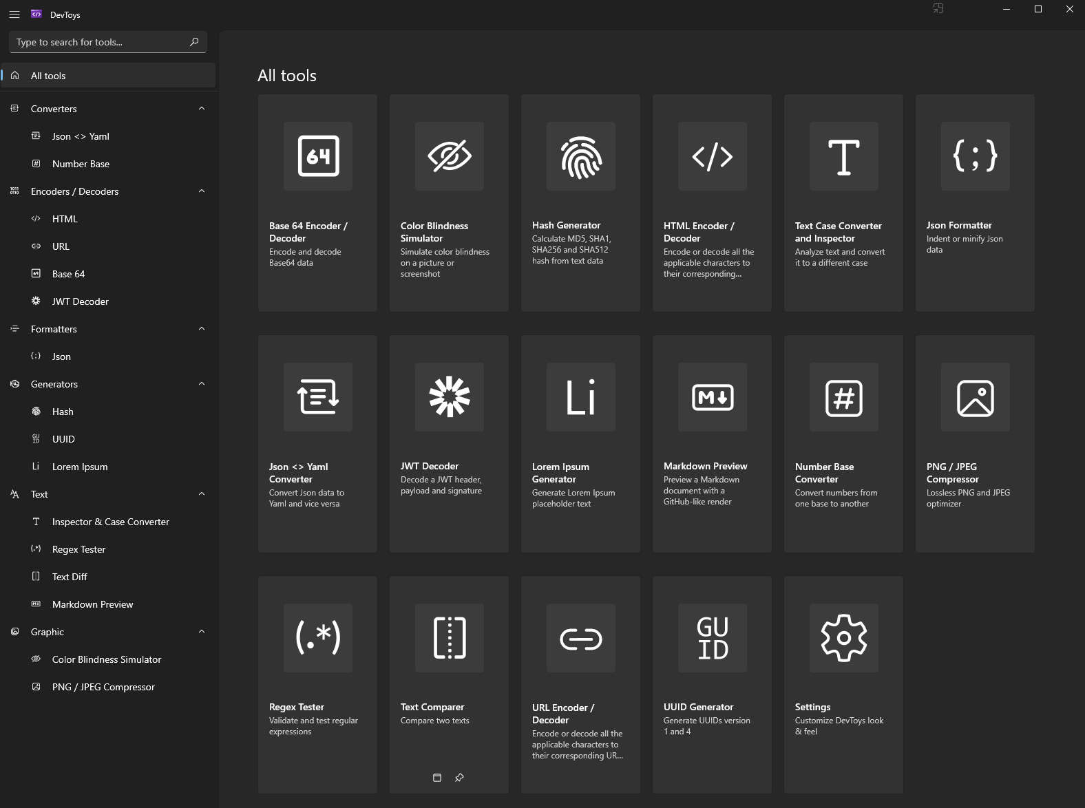 All the tools available in DevToys