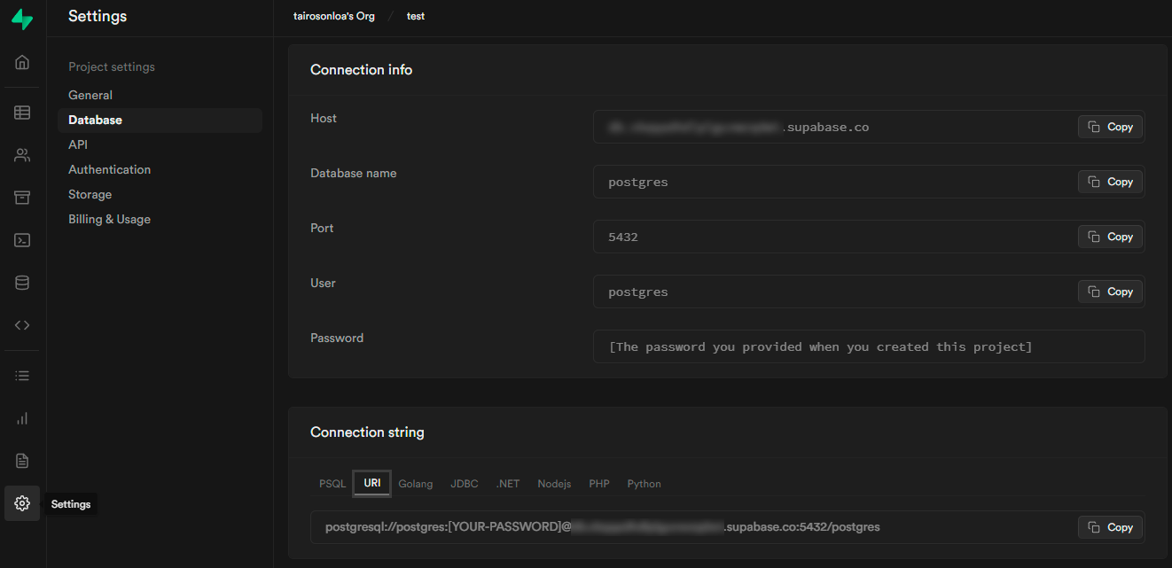 Database connection parameters