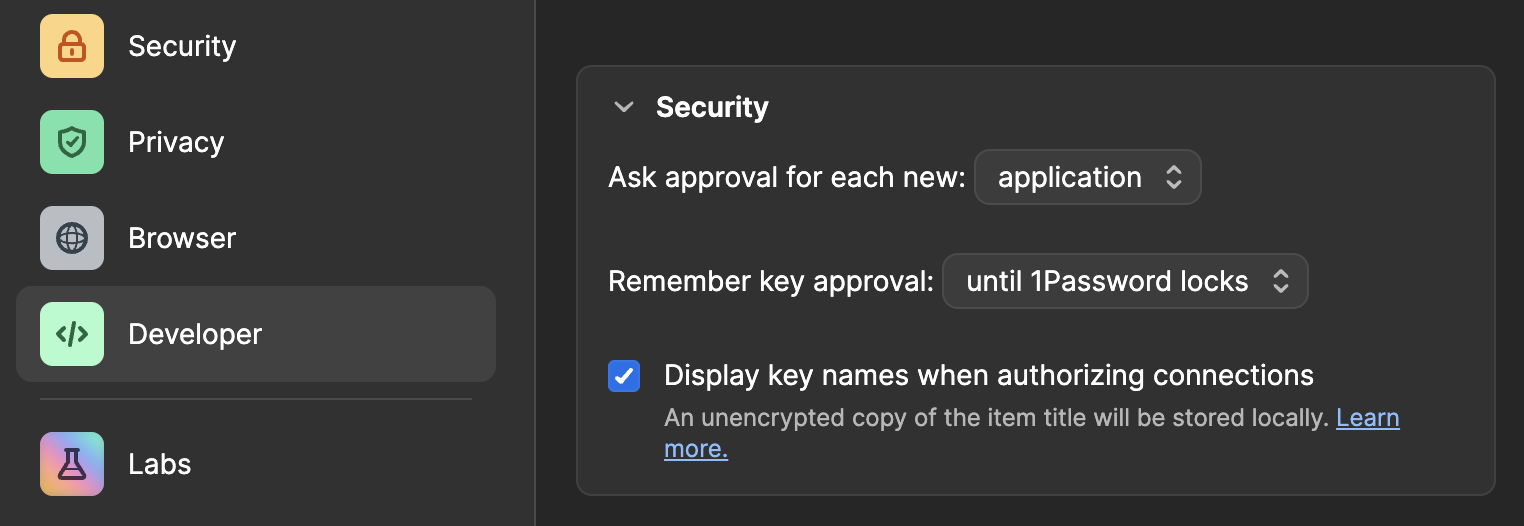 1password developer settings