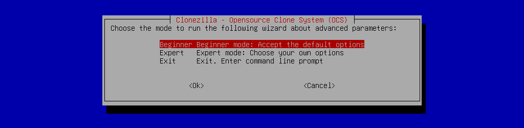 Selecting beginner mode in Clonezilla