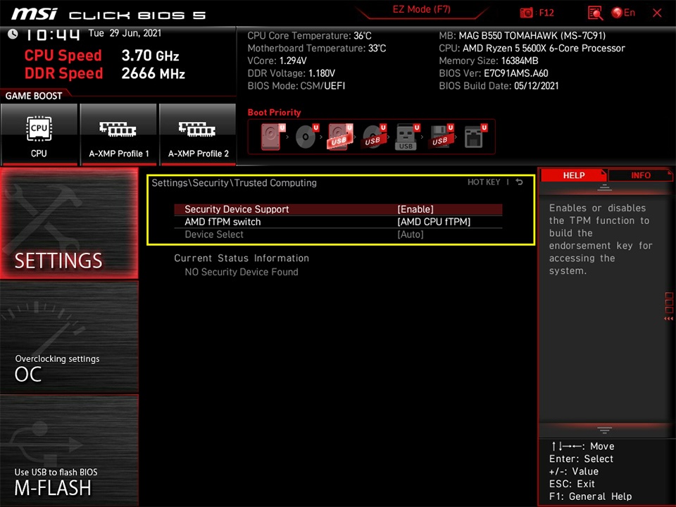 Enable TPM 2.0 for an AMD MSI motherboard
