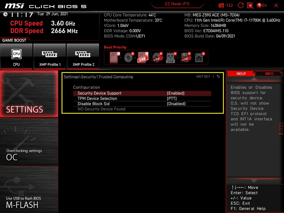 Enable TPM 2.0 for an Intel MSI motherboard