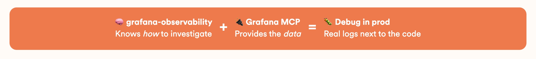 A skill and an MCP combining: the observability skill knows how to investigate, the Grafana MCP provides the data, and together they let the agent debug in production